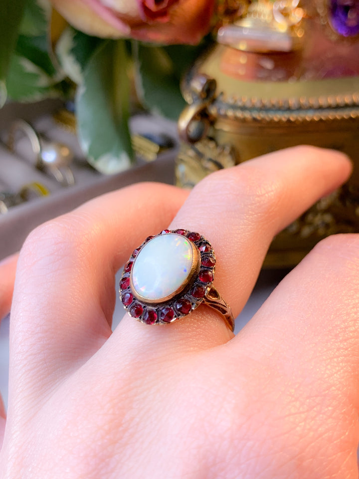10k Australian Opal and Bohemian Garnet Ring Circa 1890