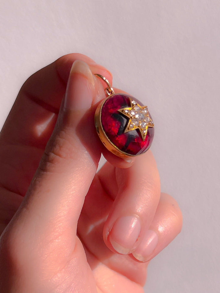Phenomenal 9k Foiled Victorian Garnet and Diamond Pendant