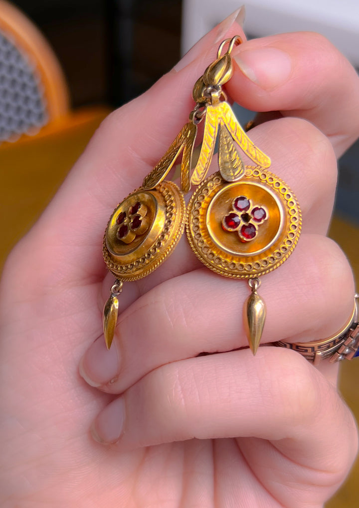 Outrageous Pair of Etruscan Revival Garnet Paste Earrings
