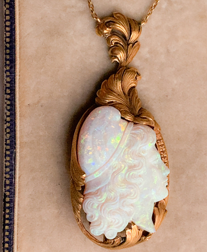 Outstanding French Belle Epoque Carved Opal Cameo of Adonis in 18k