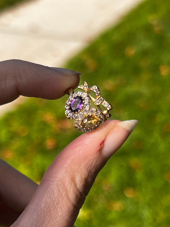 10k Double Heart Ring of Amethyst And Citrine