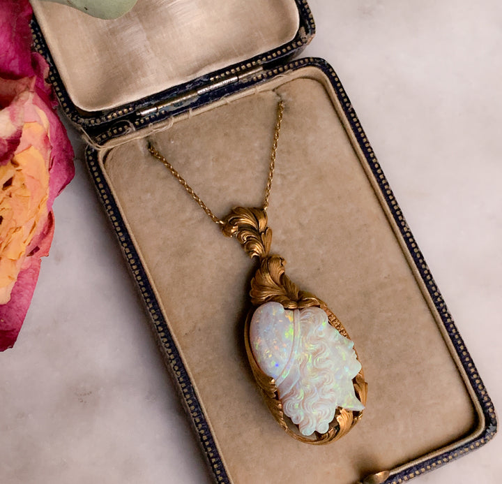 Outstanding French Belle Epoque Carved Opal Cameo of Adonis in 18k