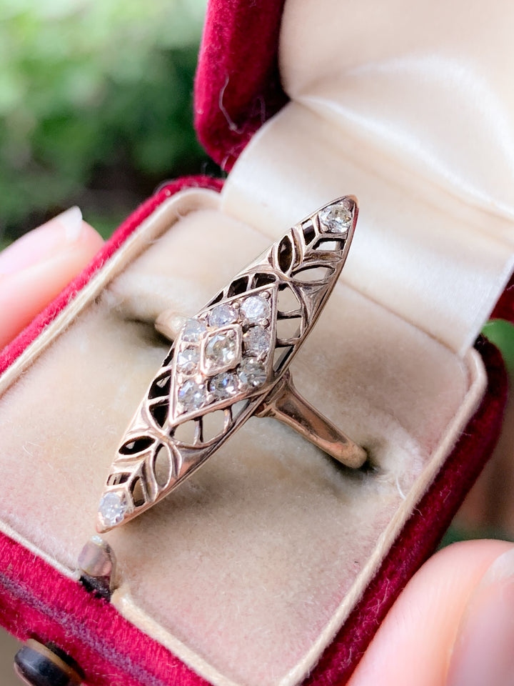 Arts and Crafts Diamond Navette Ring in 18k + Moonstone & Garnet Ring COMBO