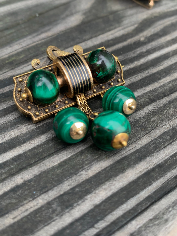 14k Victorian 1860’s Malachite and Black Enamel Ball Brooch