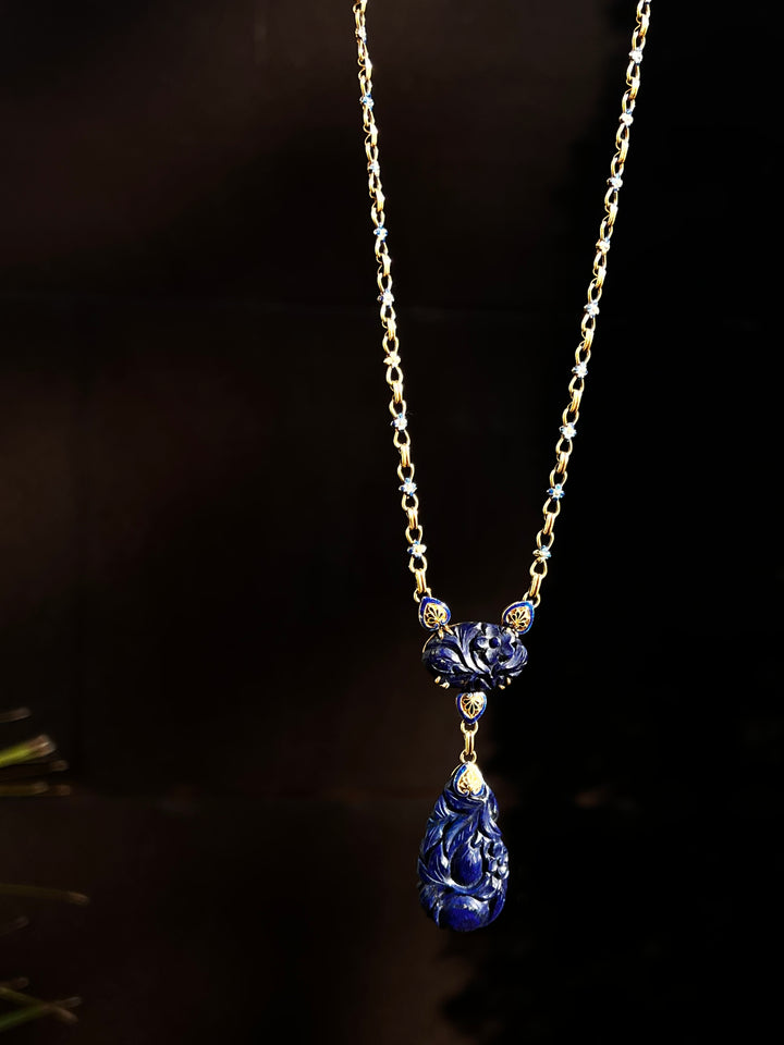 Art Deco Lapis and Enamel Lavaliere Chain in 14k