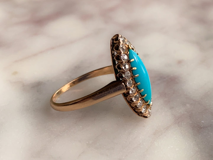 Exceptional Victorian Turquoise and Diamond Navette Ring