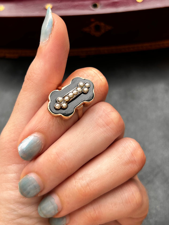 Black Chalcedony and Pearl Ring in 14k