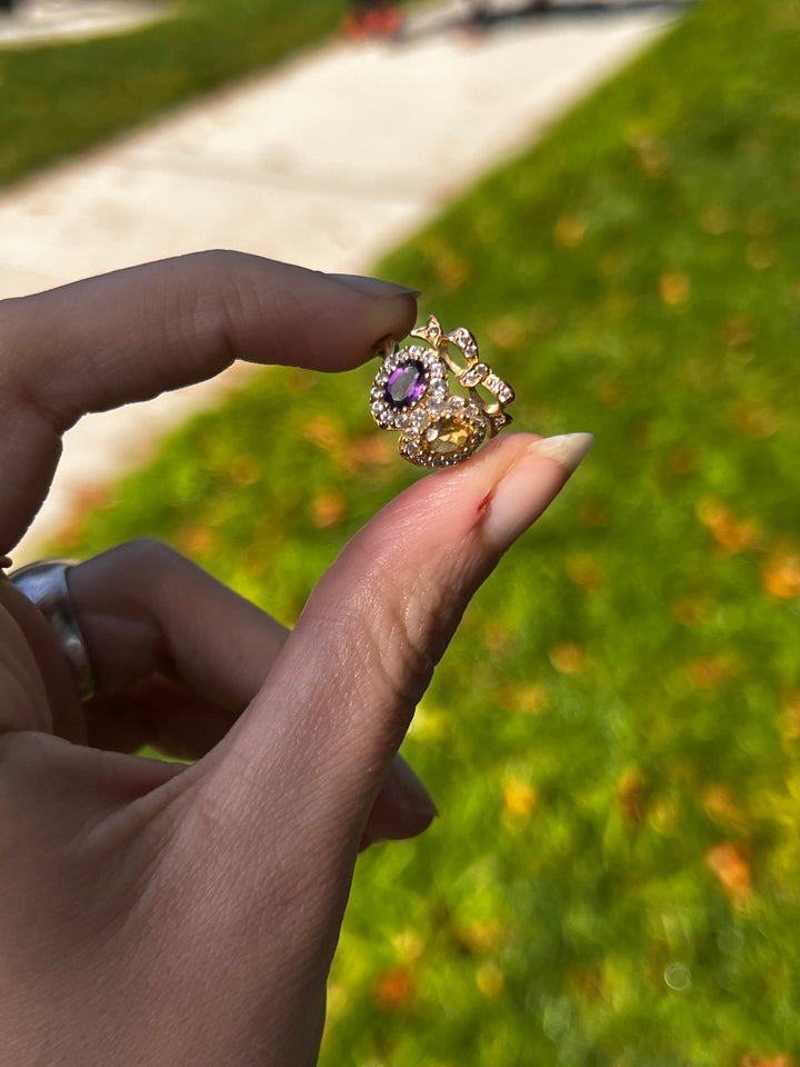 10k Double Heart Ring of Amethyst And Citrine