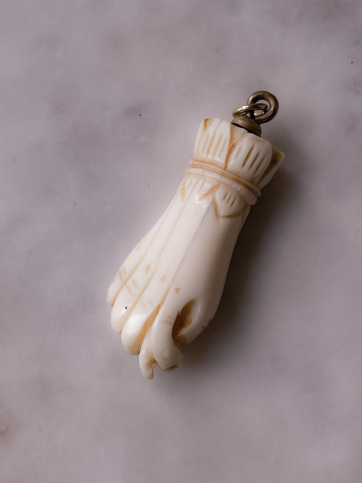 Mano Figa in Bone with Carved Cuff & Triple-Petal Forget-Me-Not Enameled Bow