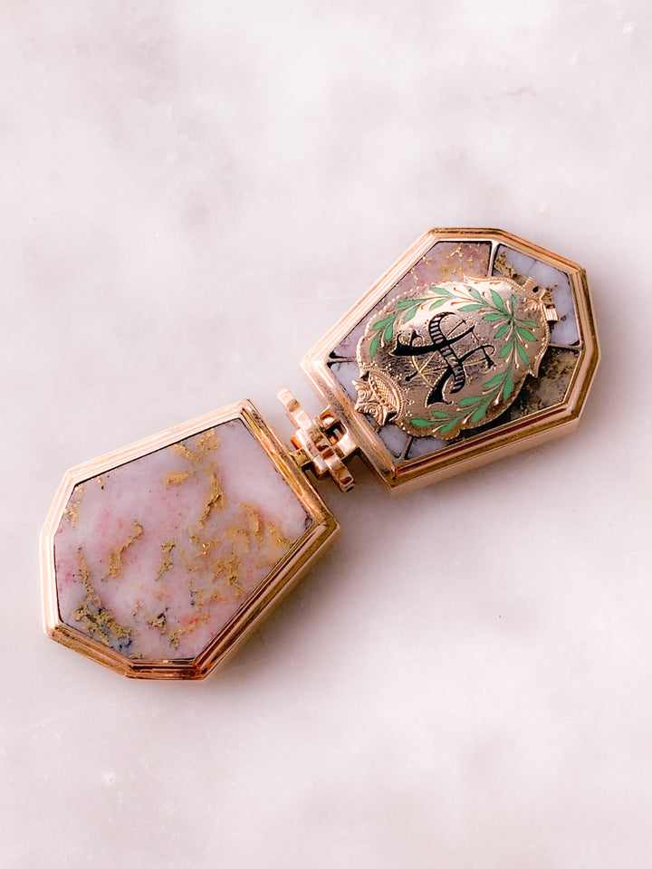 California Gold Rush Gold-in-Quartz Locket in 14k (include Georgian fob)