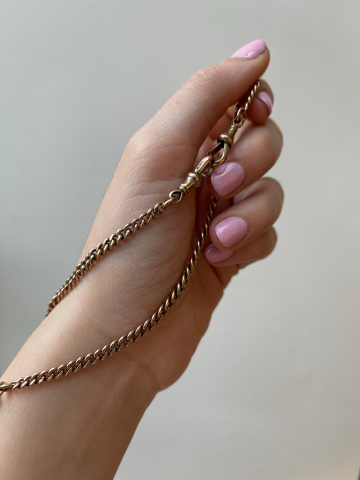 9k Victorian Forget-Me-Not Embellished Crescent Brooch + 9k Victorian Albert Chain