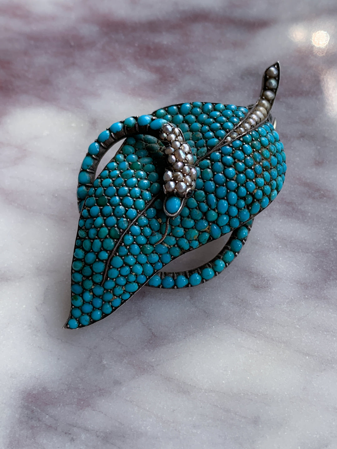 Sterling Victorian Serpent Brooch of 2” in Pearl, Turquoise and Garnet