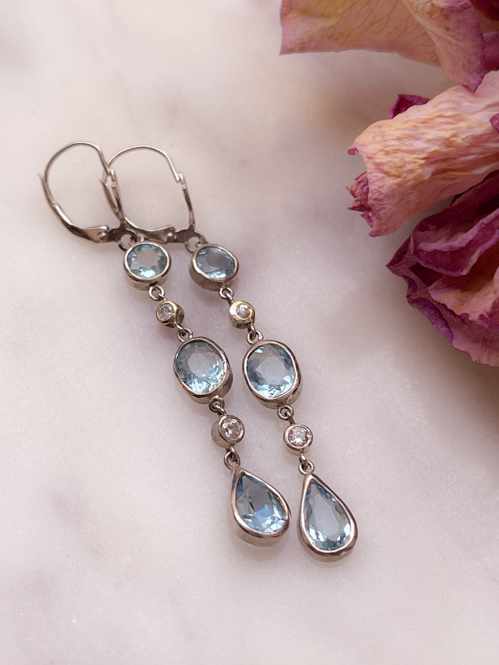 14ct White Gold Aquamarine and Diamond Station Earrings