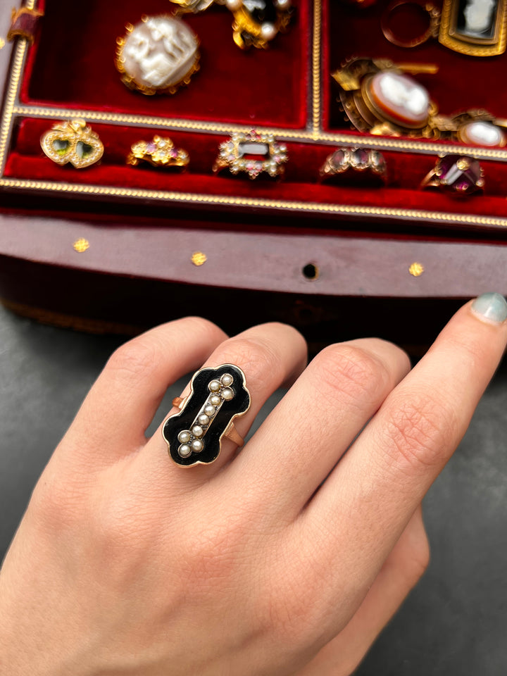 Black Chalcedony and Pearl Ring in 14k