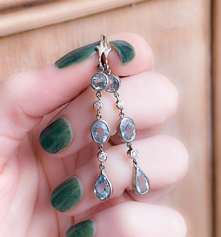 14ct White Gold Aquamarine and Diamond Station Earrings