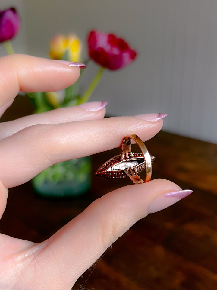 Superb Victorian Rose Cut Diamond Navette Ring in 14ct