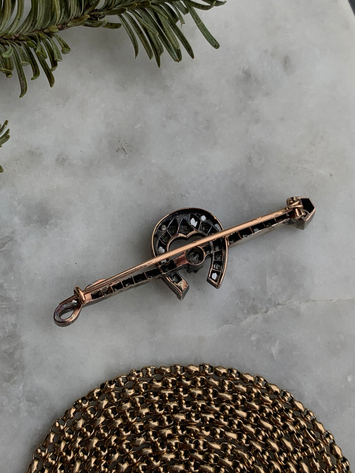 Superb 18k and Sterling French Hallmarked 19th Century Horseshoe Diamond Brooch