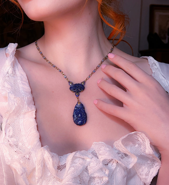 Art Deco Lapis and Enamel Lavaliere Chain in 14k