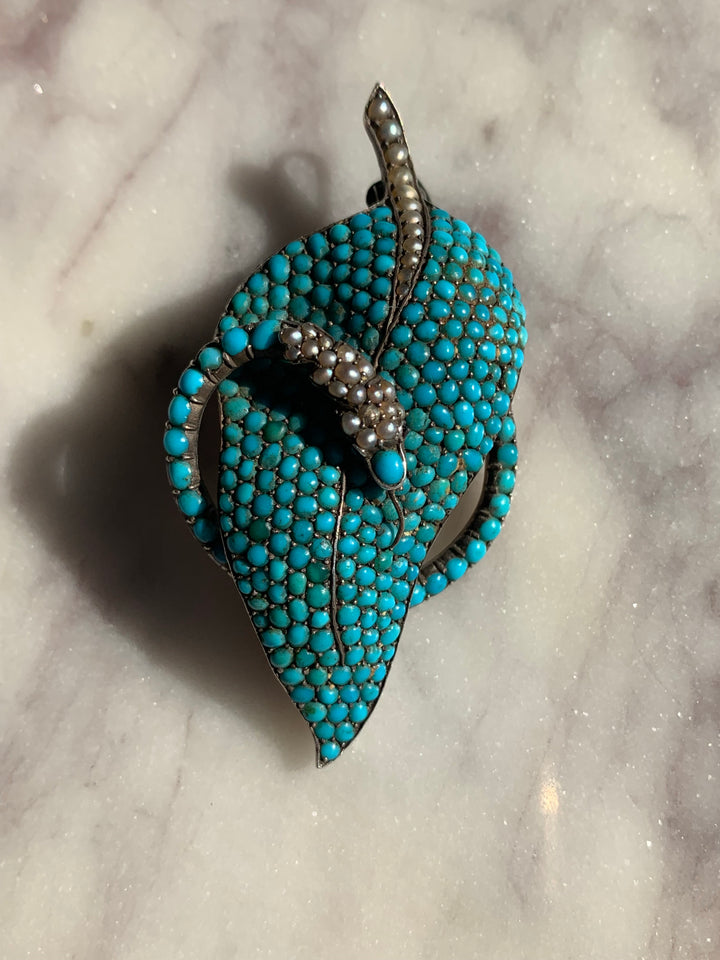 Sterling Victorian Serpent Brooch of 2” in Pearl, Turquoise and Garnet
