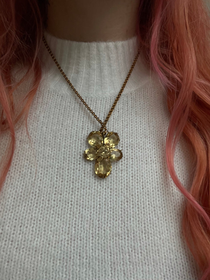 Mid 19th Century Citrine Paste Pansy on Gold Over Brass Chain *Include Yellow Velvet Riibon*