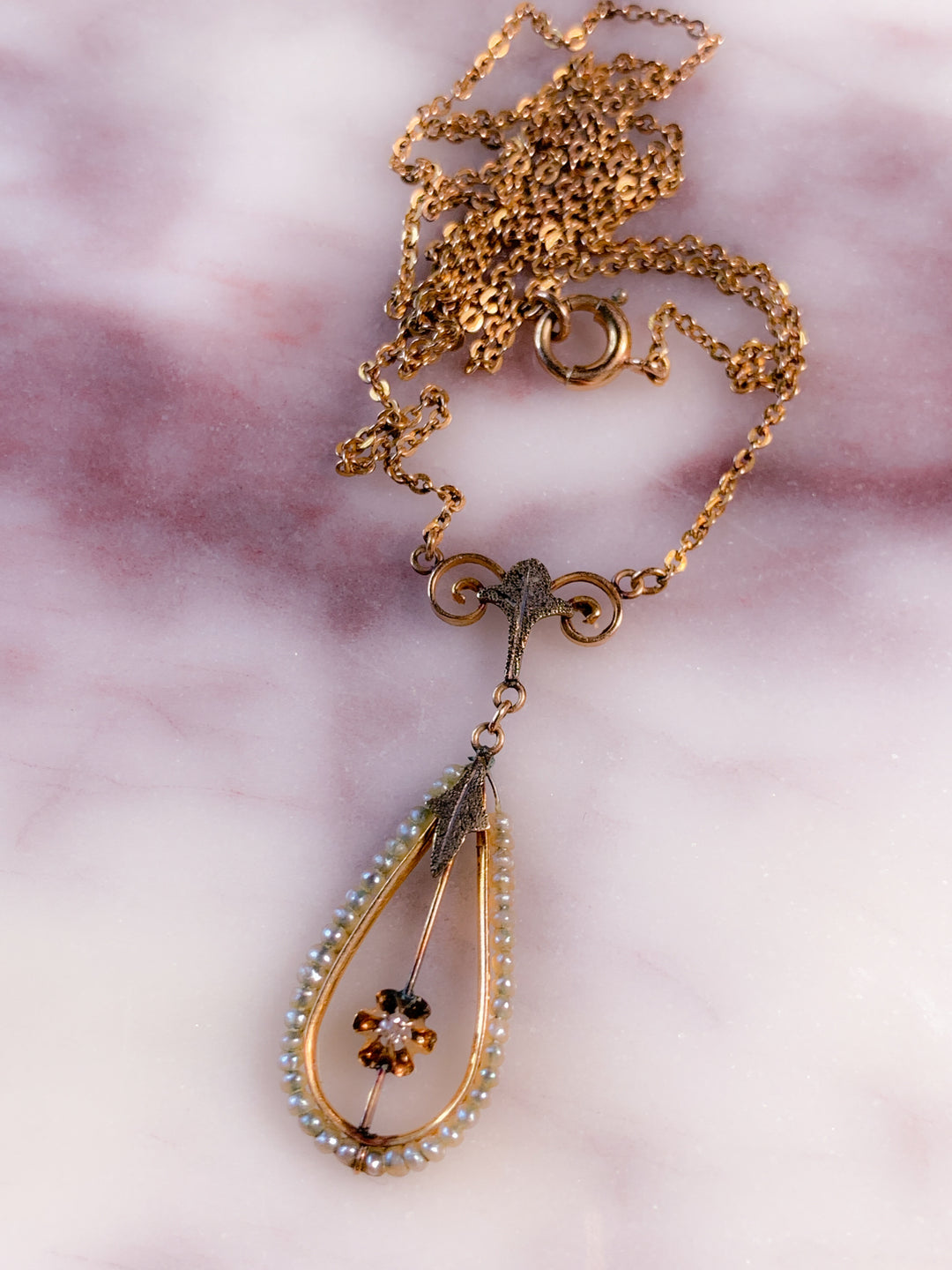 14k Art Nouveau Diamond Lavalier Necklace