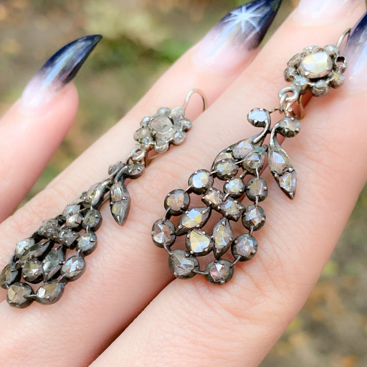 Exceptional Pair of Georgian Rose Cut Diamond Day/Night Earrings in Sterling and 14k