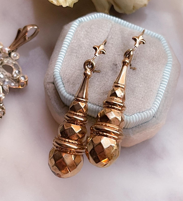 9k Victorian Faceted Drop Earrings *include red ribbon*