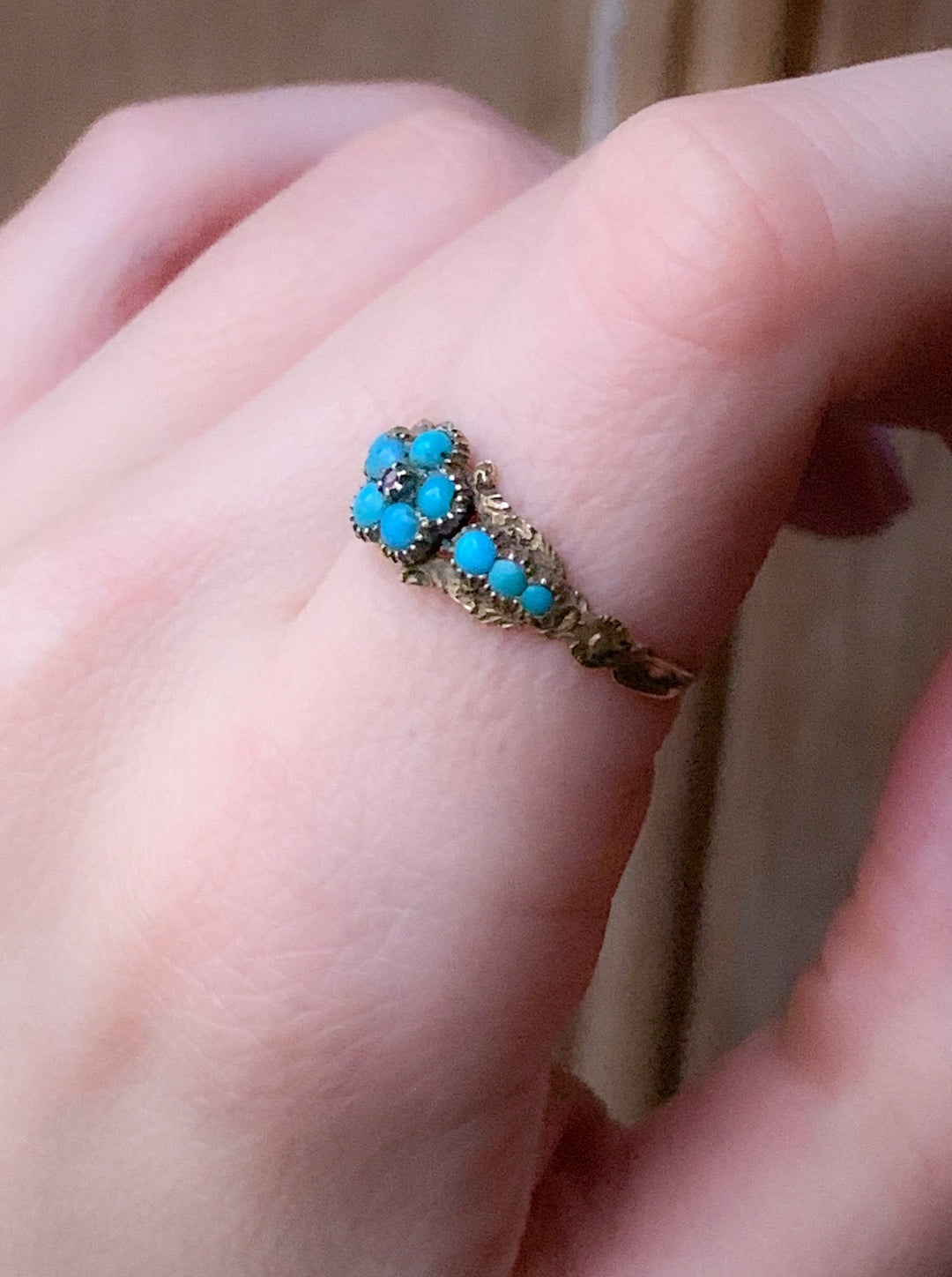 15k Outstanding Victorian Flower Ring of Turquoise and Garnet