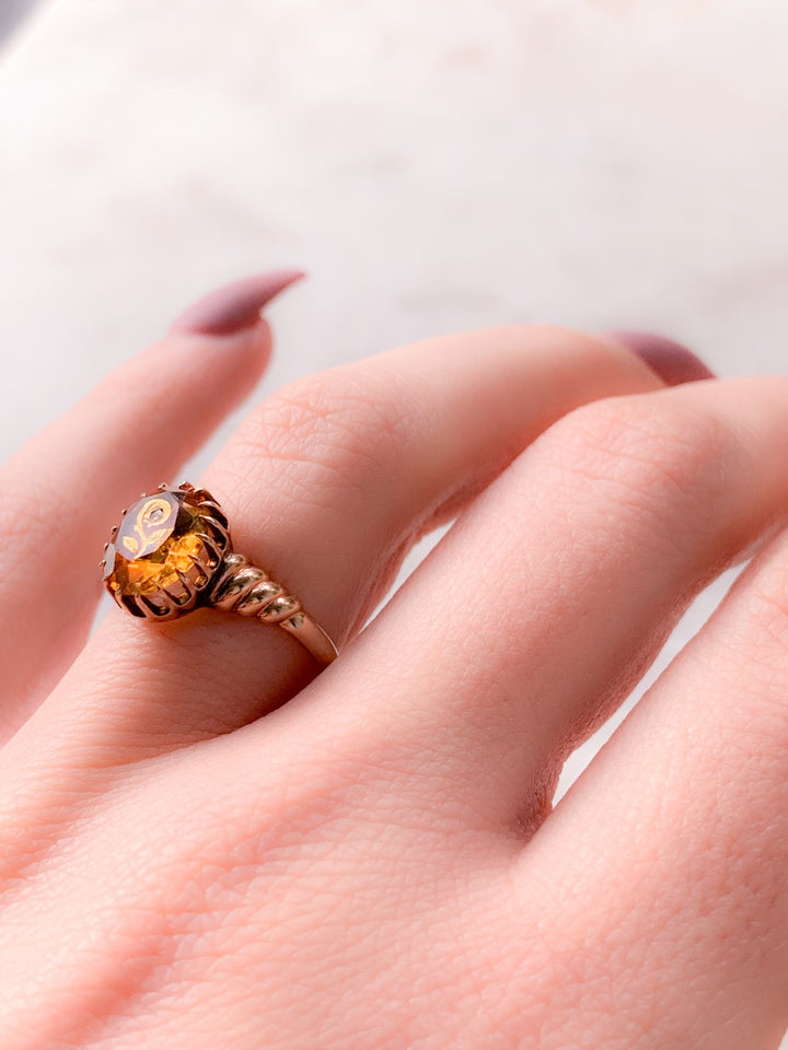 Pink Gold and Diamond Set Citrine Ring Circa 1890