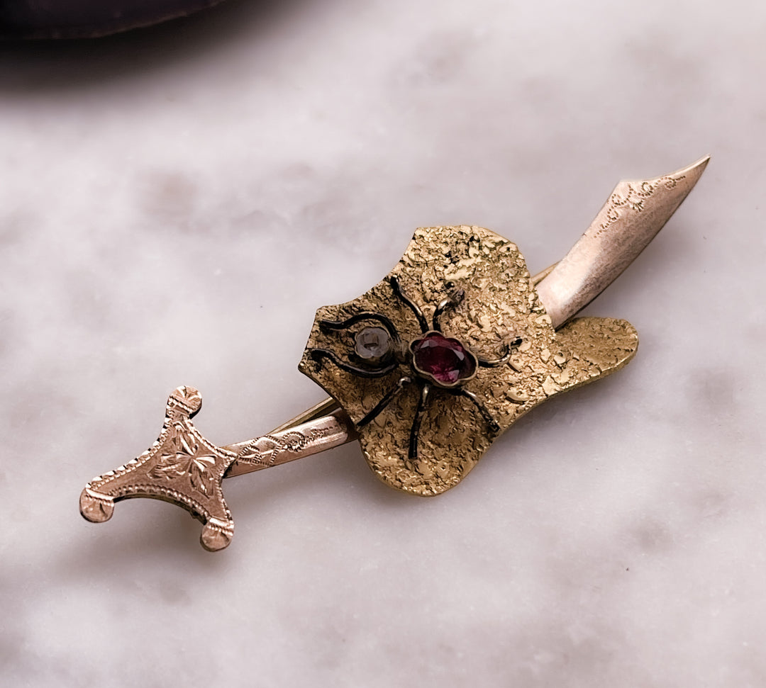 Gold-Filled Scimitar with Paste Ruby Bug