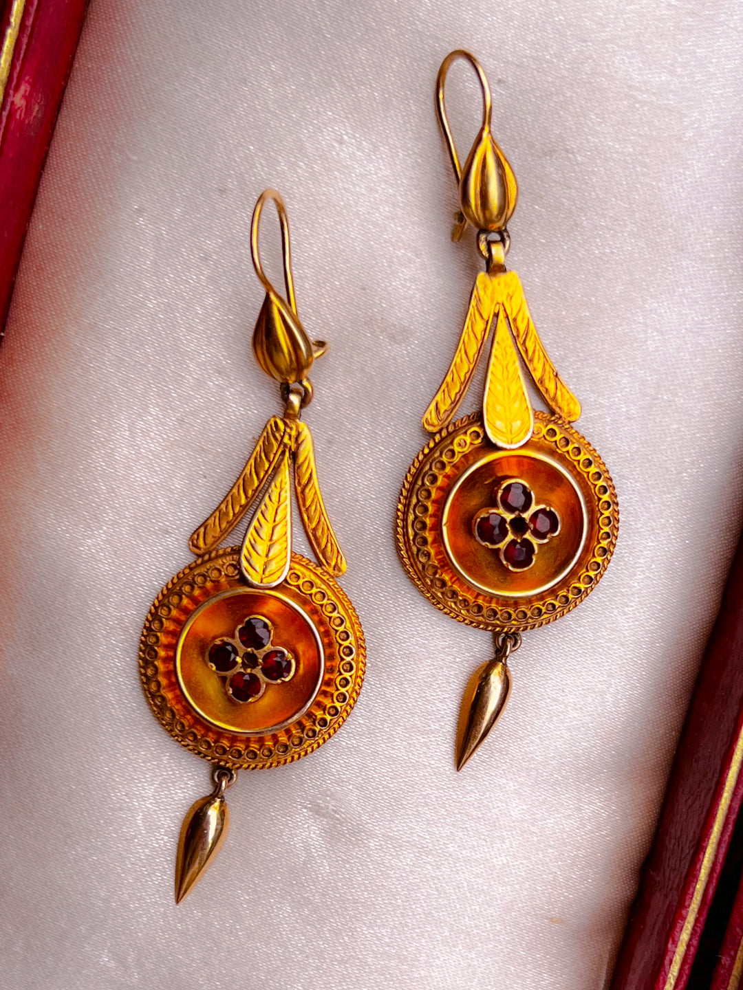 Outrageous Pair of Etruscan Revival Garnet Paste Earrings