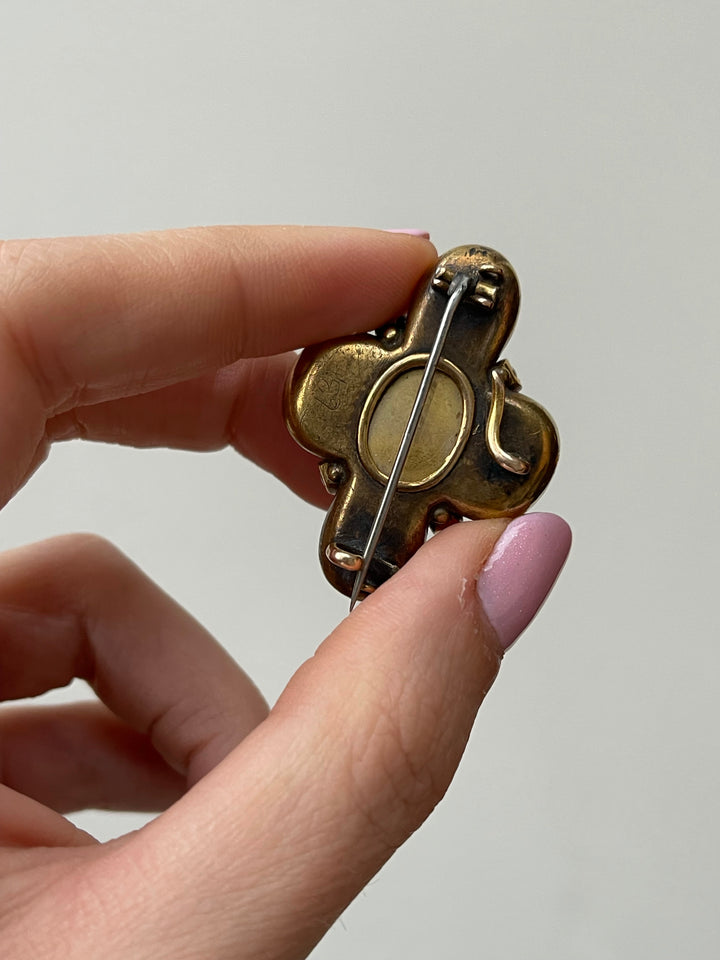 Victorian Vivid Pink Foiled Rock Crystal Brooch in 15k with Pearls