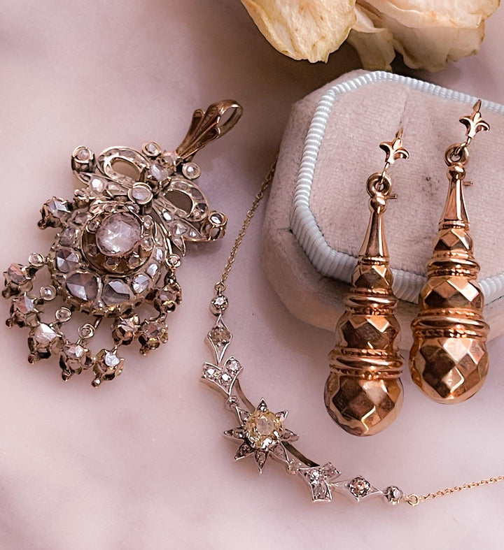 18k and Sterling Silver Rose-Cut Diamond Bow Pendant *include white and red ribbon*