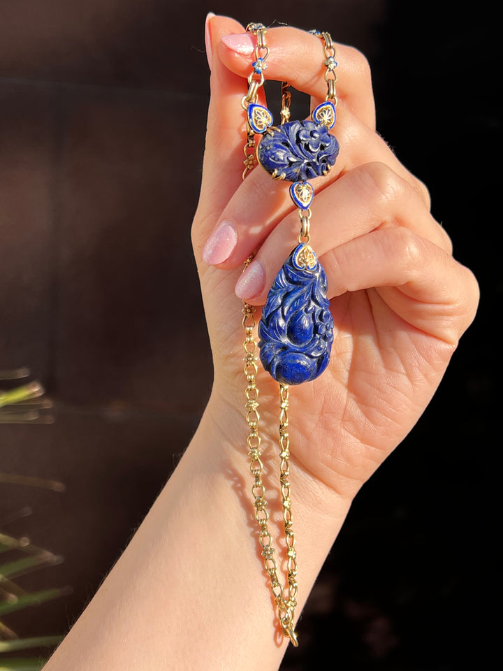 Art Deco Lapis and Enamel Lavaliere Chain in 14k