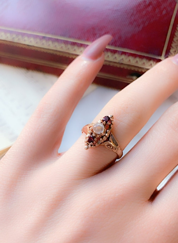 Arts and Crafts Diamond Navette Ring in 18k + Moonstone & Garnet Ring COMBO