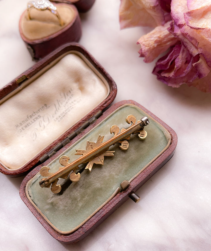 Stunning Victorian 18k Fleur De Lis Bar Brooch with Ruby, Diamonds, and Pearls *sold as combo*