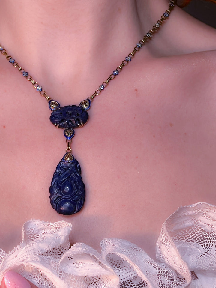 Art Deco Lapis and Enamel Lavaliere Chain in 14k