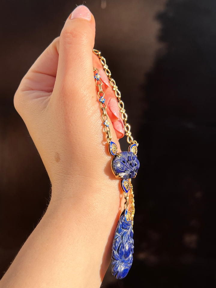 Art Deco Lapis and Enamel Lavaliere Chain in 14k