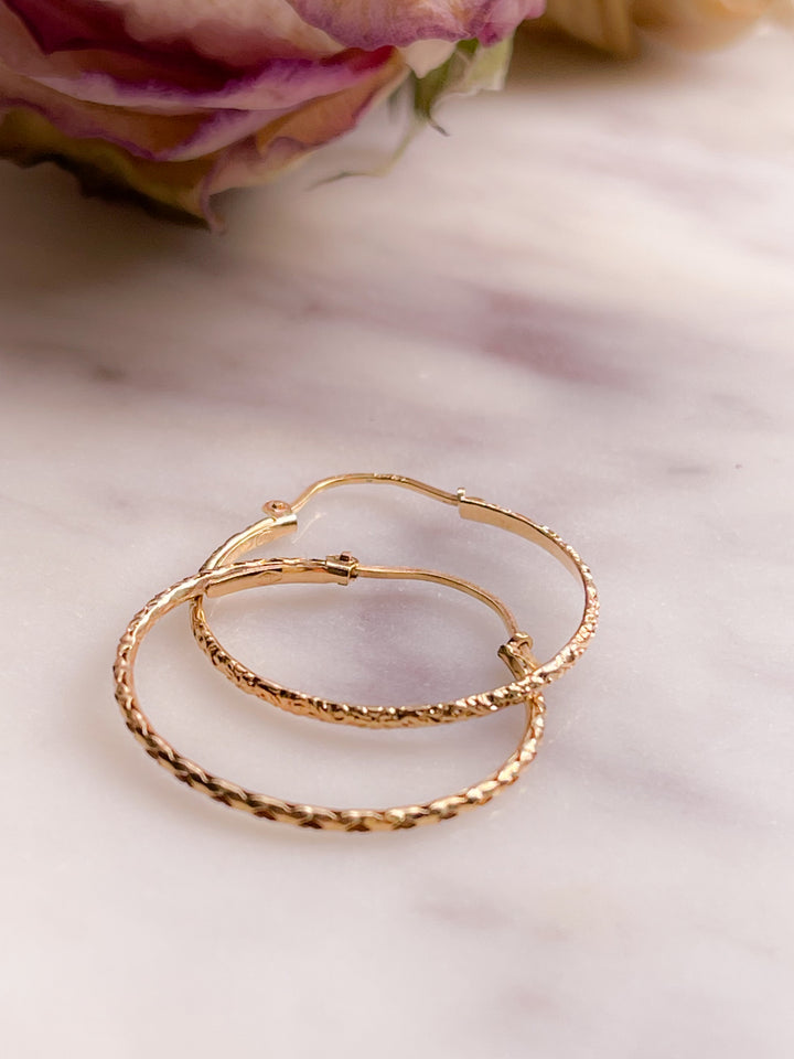 14k Vintage Floral Textured Hoops