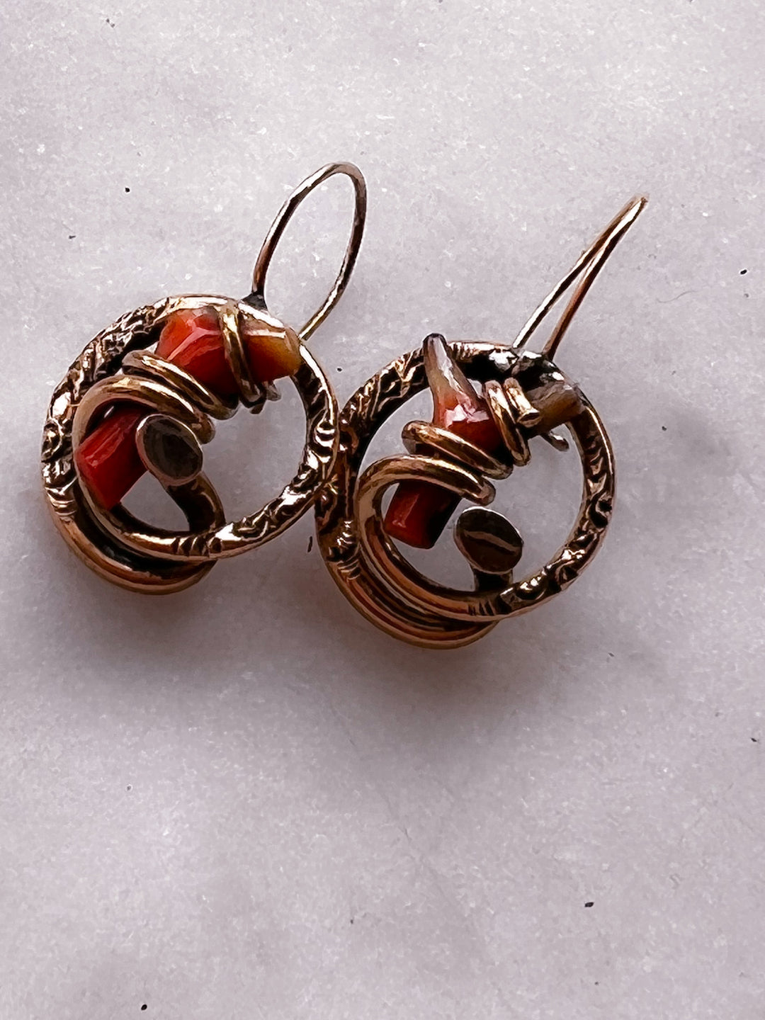 10k Victorian Coral Earrings with Love Knot Etched Wrap