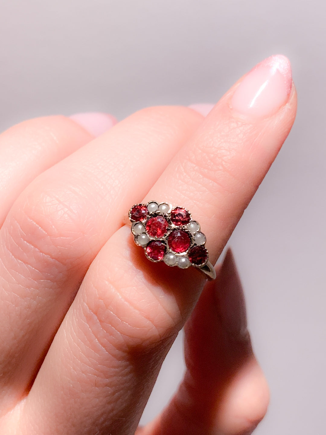 Gorgeous 14k Garnet and Pearl Plaque Ring