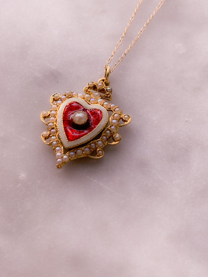 Victorian 15k Red Heart Pendant with Pearls Circa 1890 *include red ribbon*