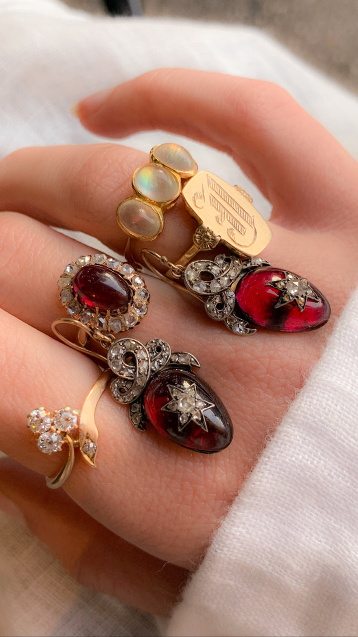 Victorian 15k Diamond and Garnet Crowned Heart Cabochon Earrings