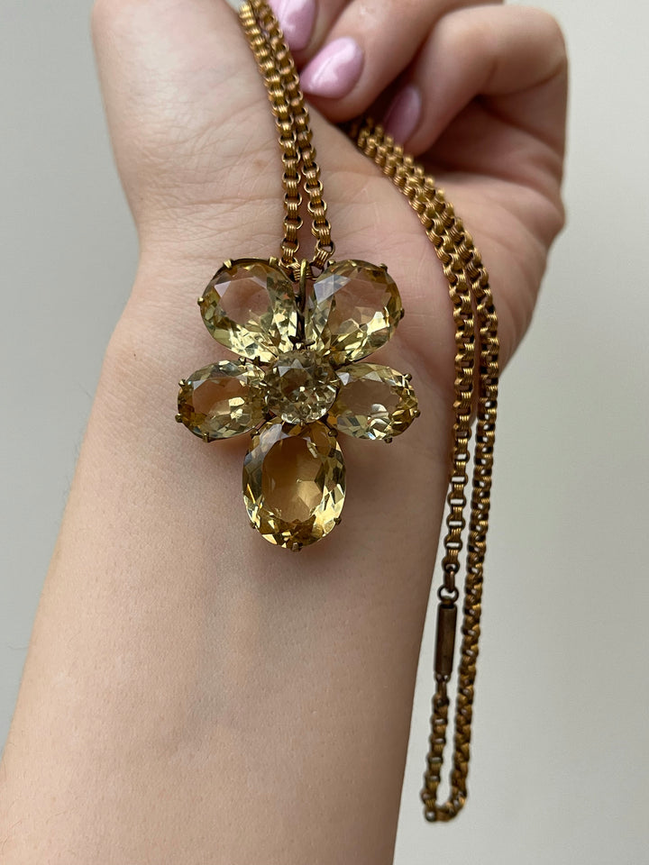 Mid 19th Century Citrine Paste Pansy on Gold Over Brass Chain *Include Yellow Velvet Riibon*
