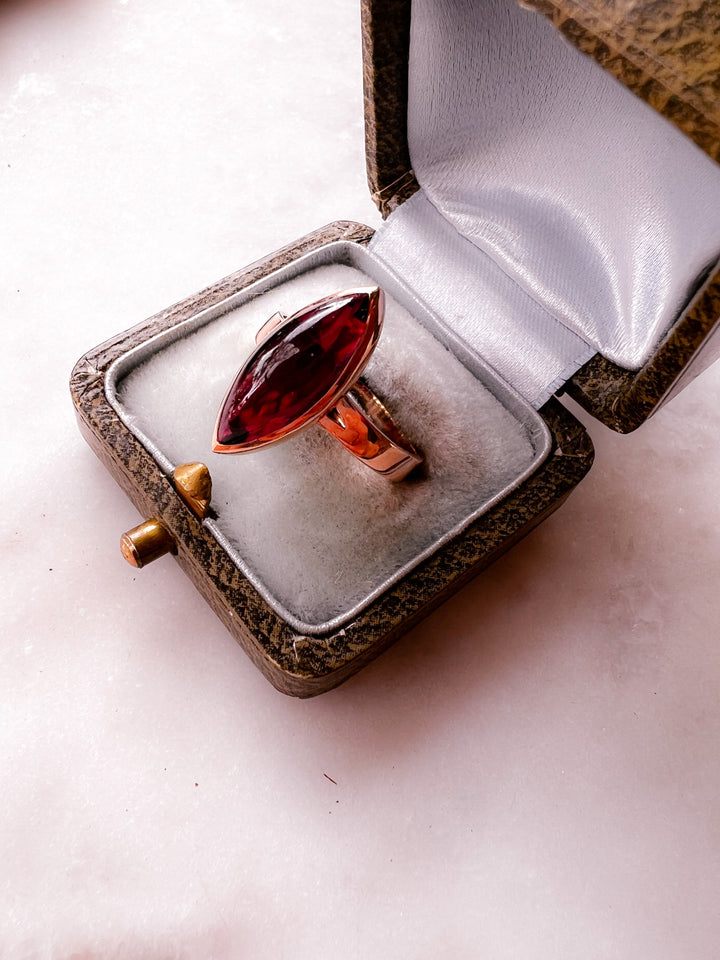 Pink Gold 14k Navette Sugarloaf Garnet Ring