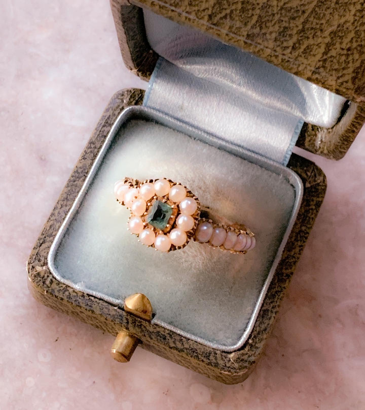 Superb Georgian Ring in 15k with Emerald Center and Pearl Halo