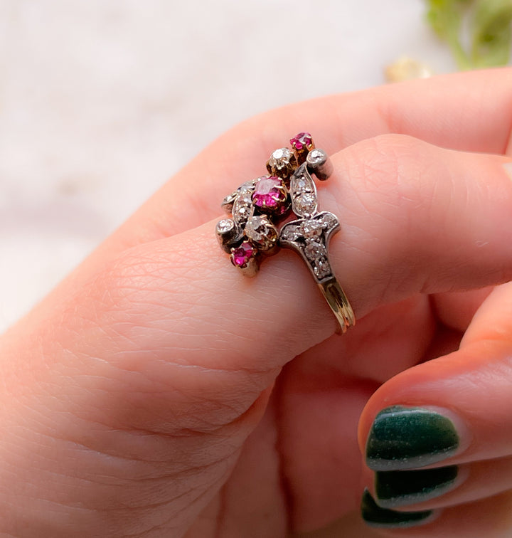 Pristine 18k Victorian Ruby and Diamond Floral Spray Ring with Silver Top