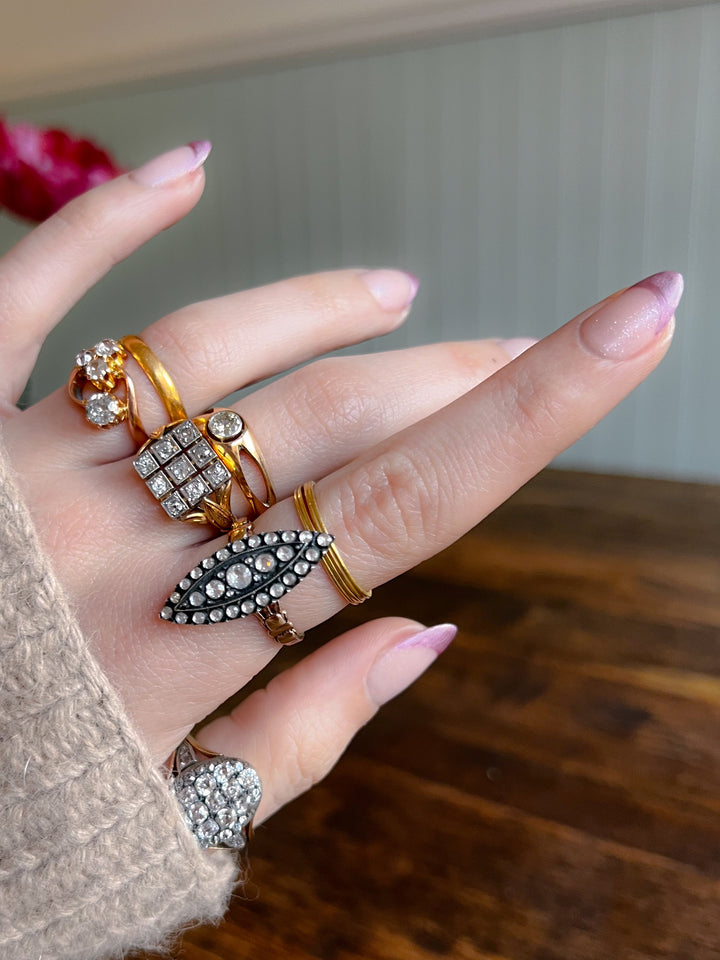 Superb Victorian Rose Cut Diamond Navette Ring in 14ct