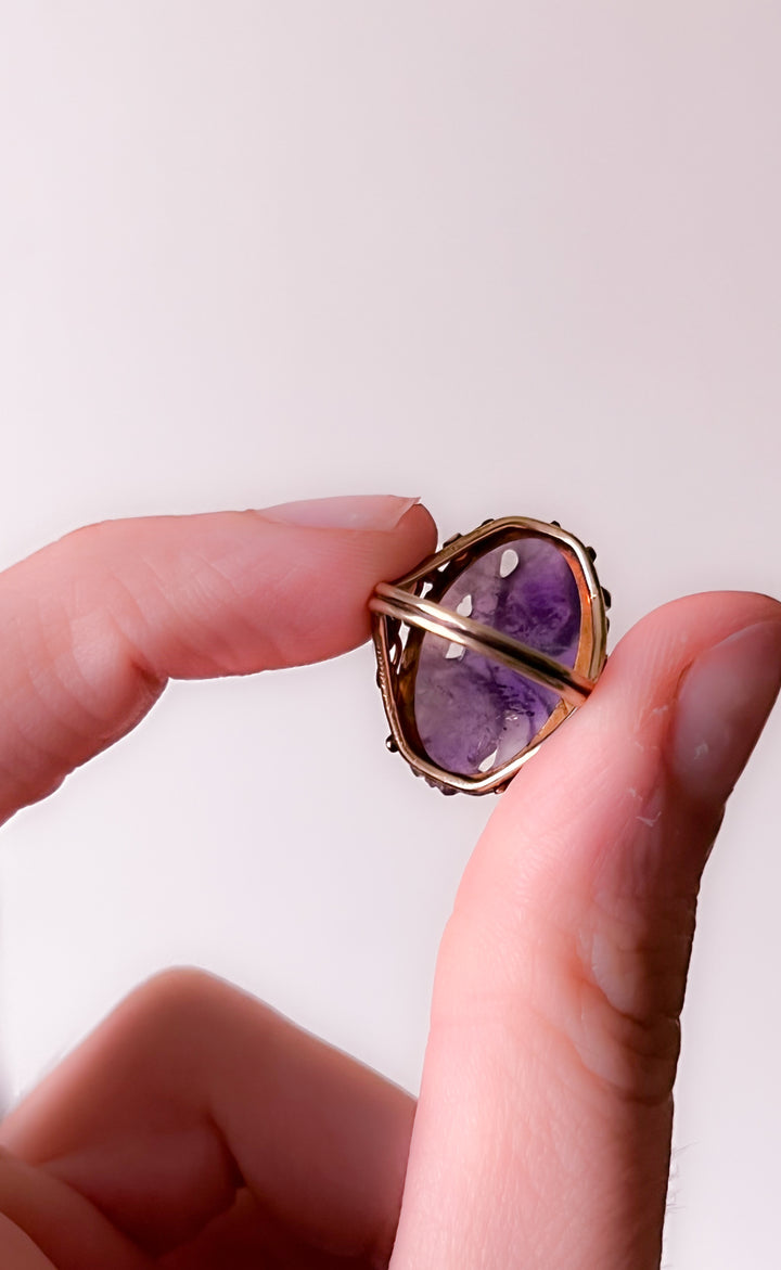 Carved Amethyst Plum Ring in 14k