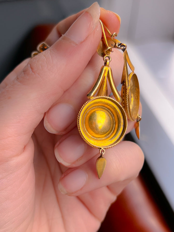 Outrageous Pair of Etruscan Revival Garnet Paste Earrings